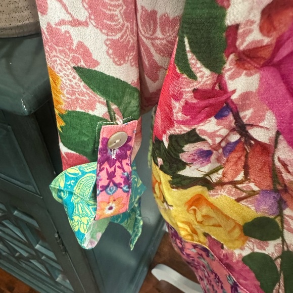NWT John Mark Teal pink green artsy floral bohemian roll tab Shirt 1x - Picture 8 of 11